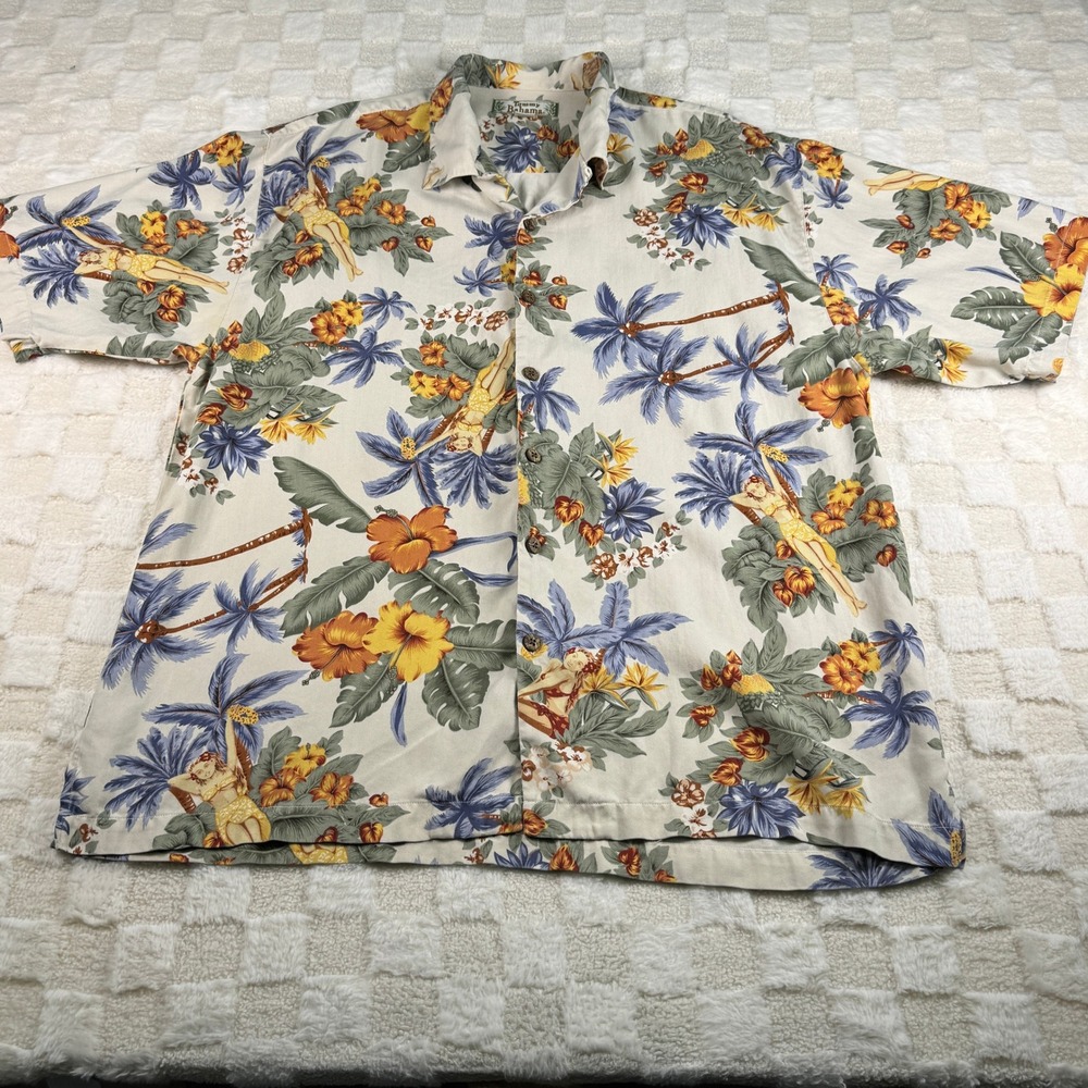 VTG Tommy Bahama Mens XL Silk Hula Girl Palm Tree Tropical Camp Shirt Beige Blue